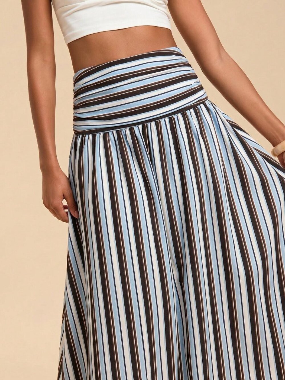 Multicolor Casual Women's Ruched Striped High Waist Midi Skirt - Picture 5 of 6